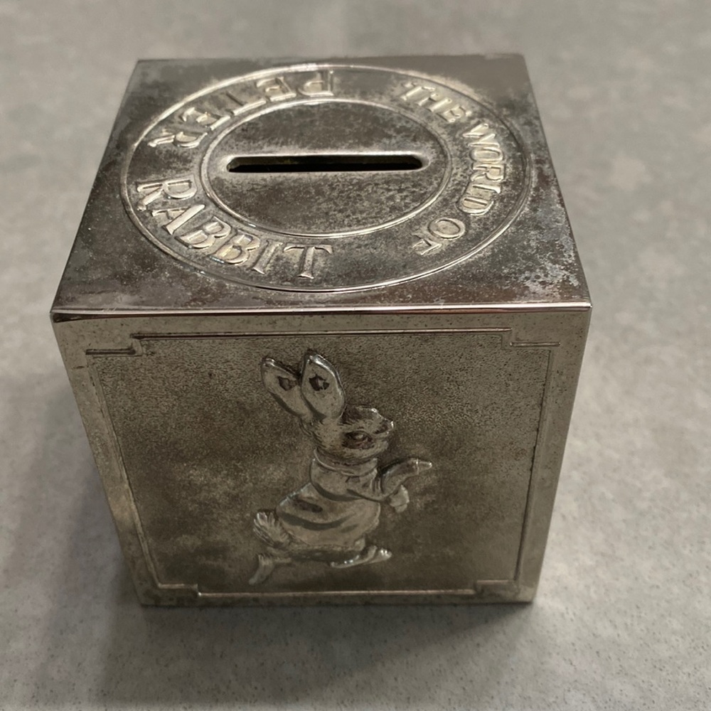 Silver plated Peter Rabbit cube bank from 1989.